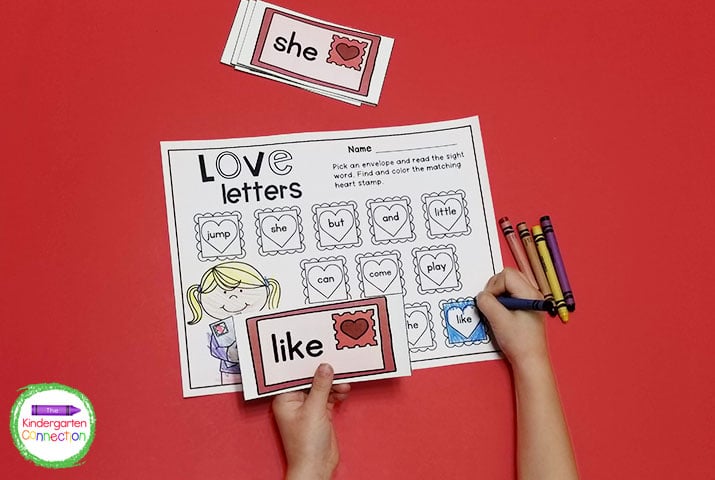 Pick an envelope and read the sight word. Find and color its matching stamp on the paper!