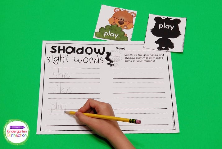 Match up the groundhogs to their sight word shadows, and record some of your words on the optional recording sheet.