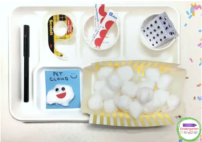 This pet cloud craft for kids uses just a few simple supplies like cotton balls, googly eyes, and card stock.