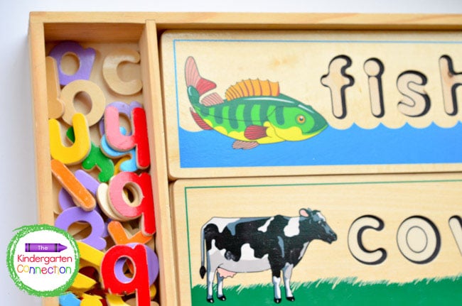 Wooden letter manipulatives help with letter recognition by giving the child a visual picture of the word they are spelling.