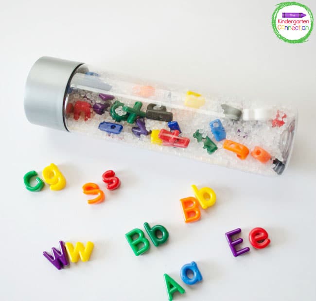 Sensory bottles with letter manipulatives can make a great letter recognition game.