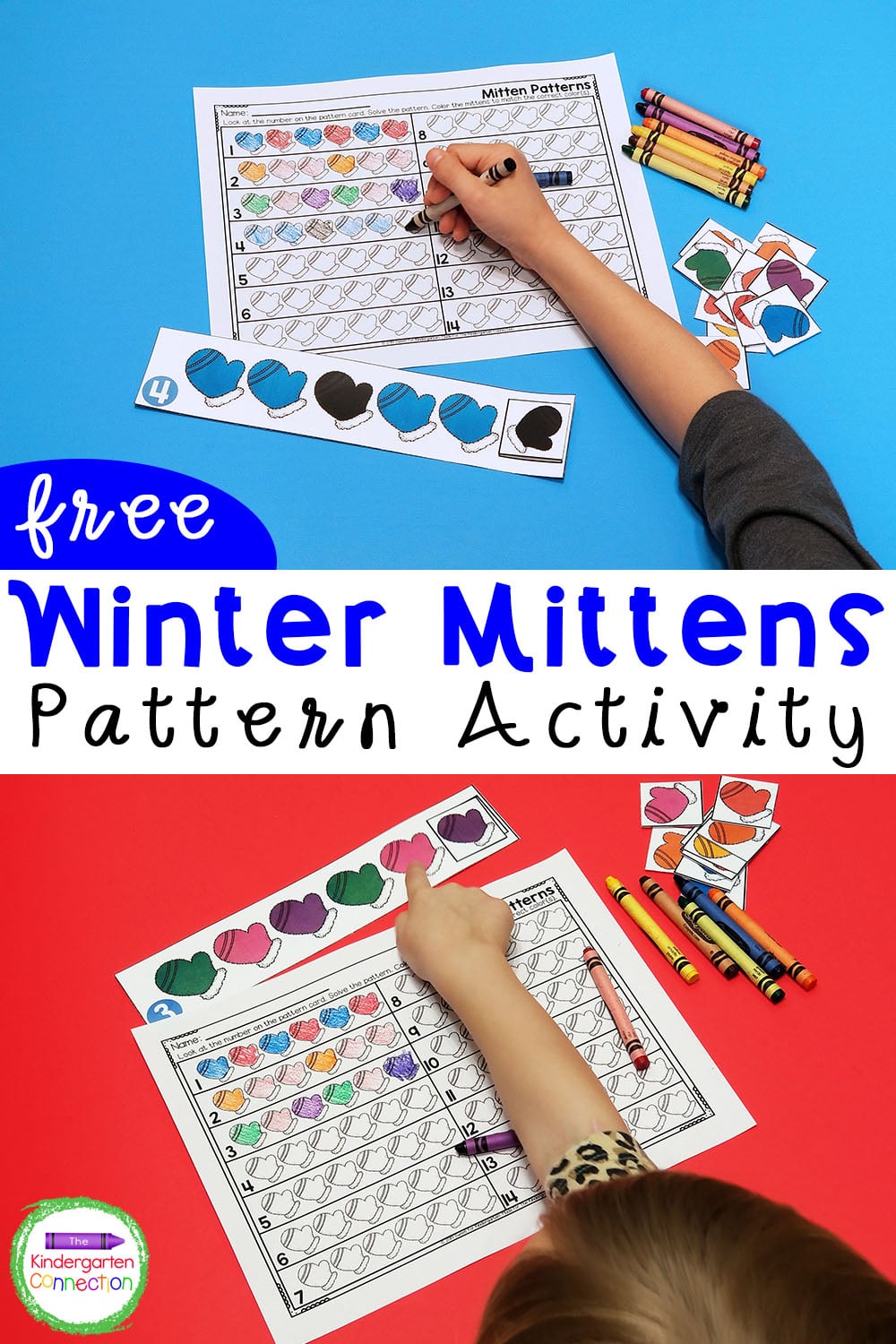Grab our FREE Printable Mittens Color Pattern Activity for your winter math center! This activity is perfect for Kindergarten!