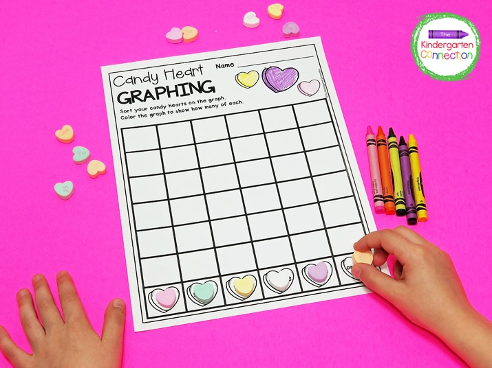 Review the color words at the bottom of the graph and match them with the corresponding colored candy heart.
