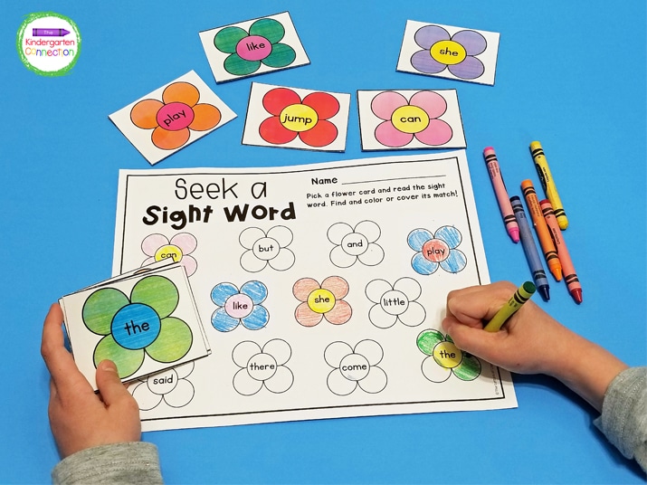 Students will take a sight word flower card from the pile, read it, and color it on the recording sheet.