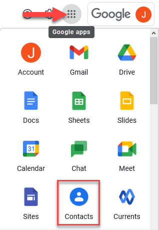 A screenshot of how to access Google Apps from the top navigation in Gmail