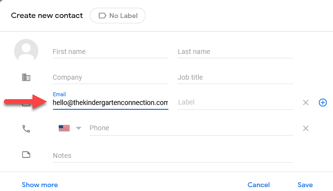A screenshot showing the options to create a contact for hello@thekindergartenconnectionc.om from Google Contacts.