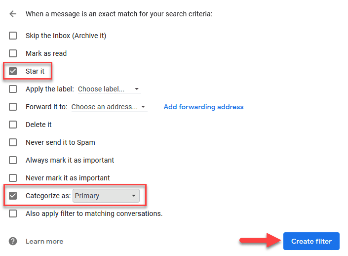 A screenshot showing how to finish creating a filter inside of Gmail with the options Star It and Categorize As Primary highlighted