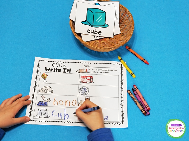 Have the students pick a CVCe picture card and copy it on the recording sheet in this low-prep writing center.