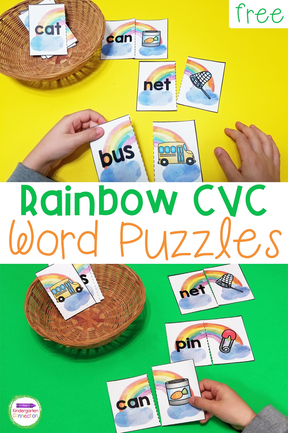 These FREE Printable Rainbow CVC Word Puzzles are so much fun! They're great for your kindergarten literacy center!