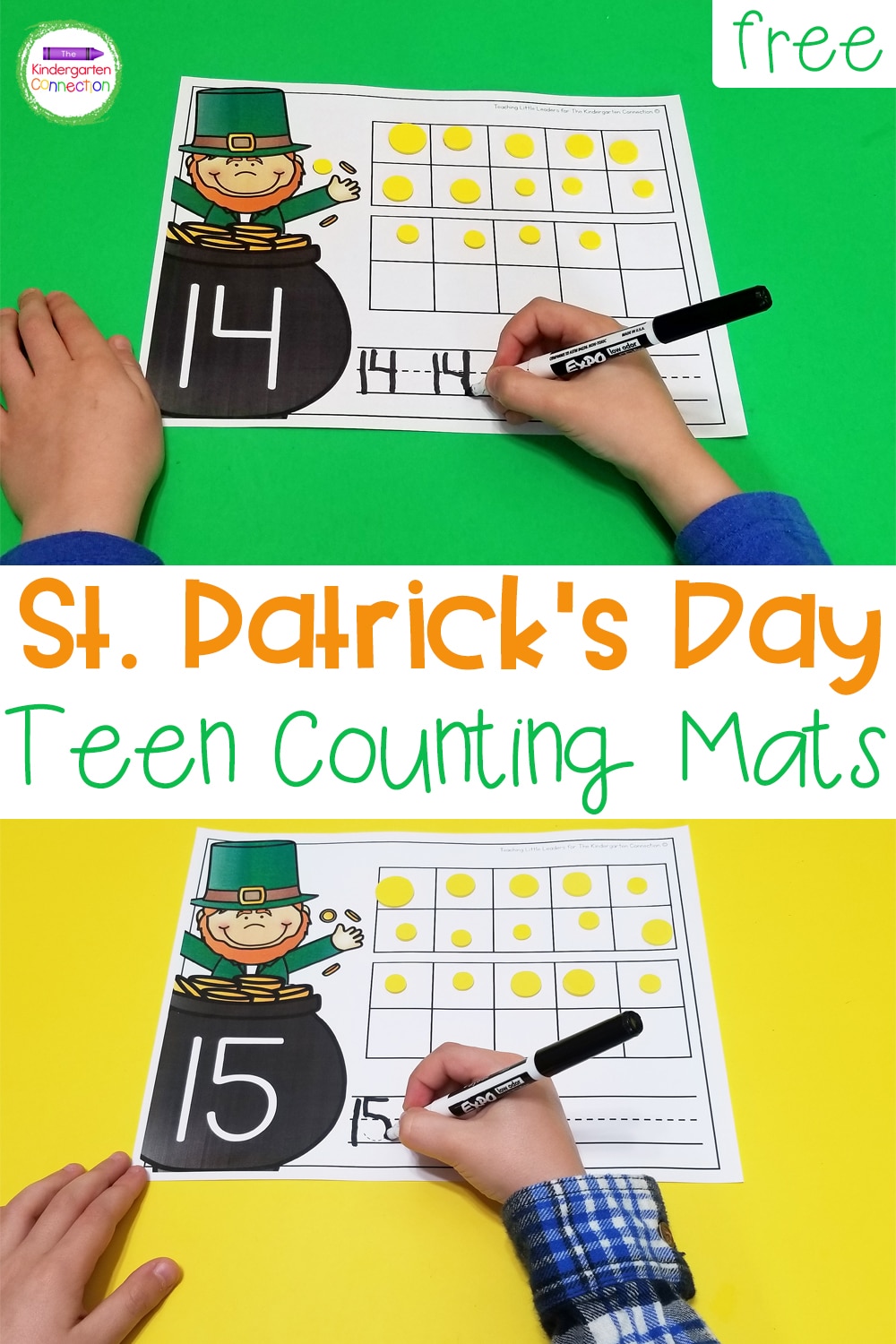 These FREE printable St. Patrick's Day Teen Number Counting Mats for Kindergarten are so fun for working on numbers 11-20 in March!