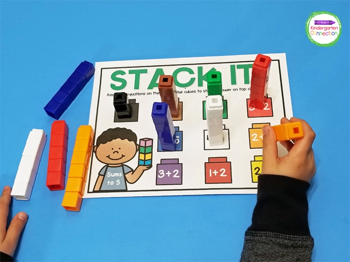 Students can use unifix cubes and build the number sentences on the Stack It! mat to solve.