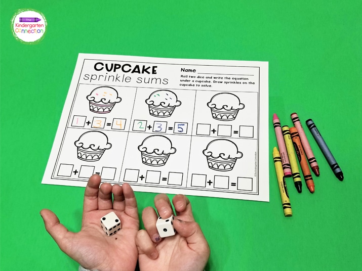 In Cupcake Sprinkle Sums, students roll the dice and build the addition sentence on the cupcake, then record their equations!