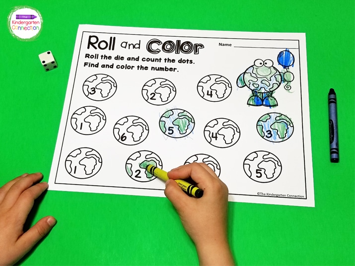 In the Roll and Color version, students roll the dice, find the matching numeral, and color the earth.