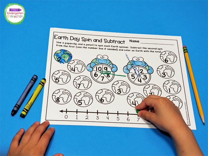 After spinning twice and subtracting their second spin from their first ,the students color the earth with the answer.