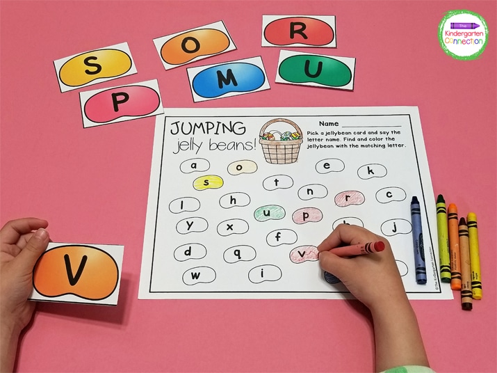 In this fun activity, students pick a jelly bean card and say the letter name. Find and color the jelly bean with the matching letter.