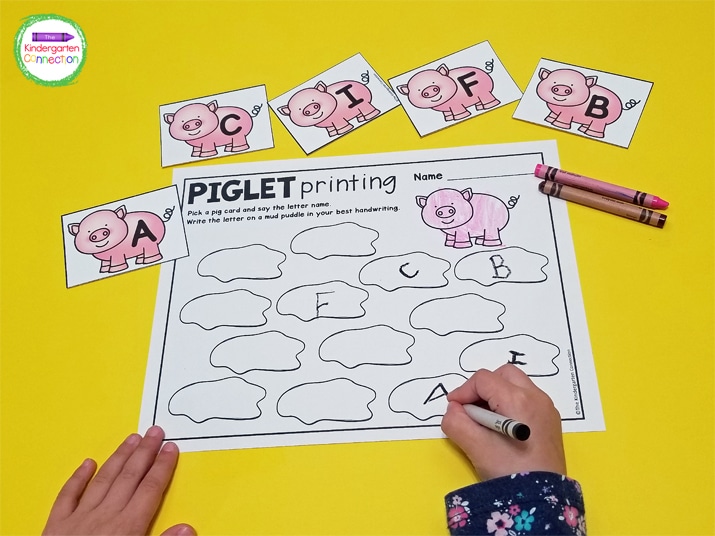 In Piglet Printing, students pick a piglet letter card then pick a mud puddle on the recording sheet and write the letter in their best handwriting.