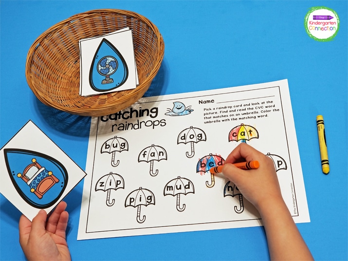 Print the raindrop CVC word matching cards and recording sheet, grab some crayons, and your literacy center is all set!