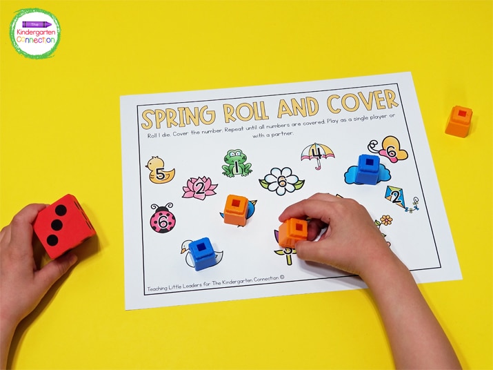 To play, students simply roll a die and cover the corresponding number on the roll and cover game board.