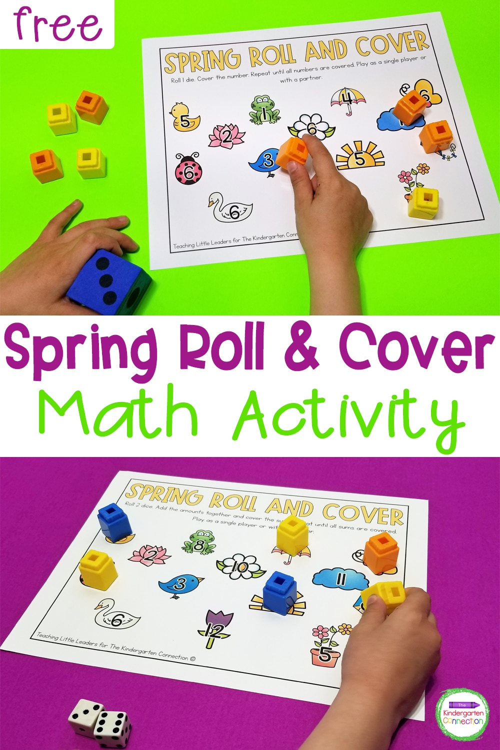This FREE printable Spring Roll and Cover Math Activity can be played in 2 different ways! Practice both number identification and addition!