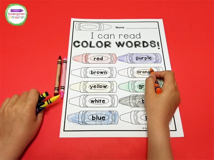 On the "I Can Read Color Words" printable, students color the crayons according to the color word.