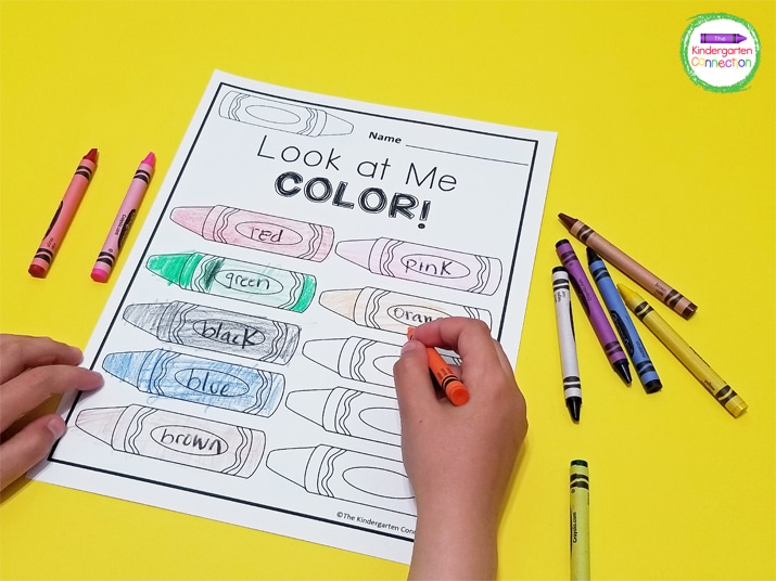 As an extension, students can write in the color words on the blank crayons and color the corresponding color.