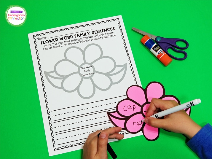 Print the flowers on bright paper and students will write 7 words that match the word family in the center of the flower.