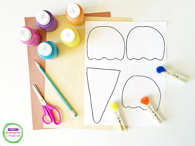 Grab some paints, clothespins, pom poms, and print the free ice cream cone template for this fun art project.