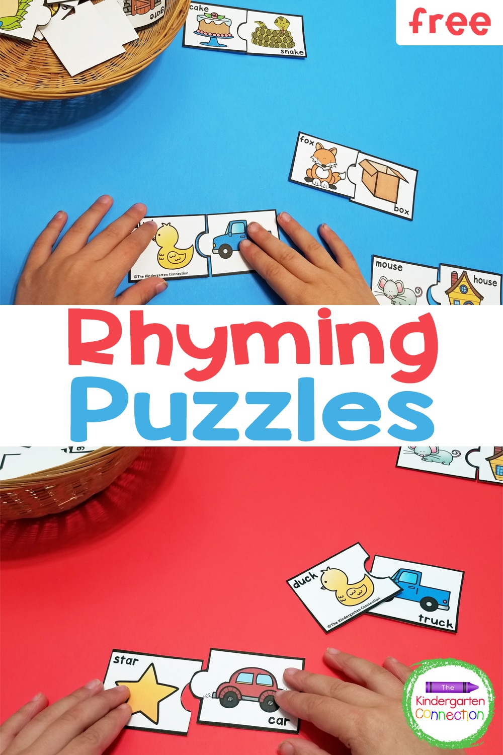 Grab these FREE printable Rhyming Puzzles for a low-prep and hands-on activity to use in your Kindergarten literacy centers or small groups!
