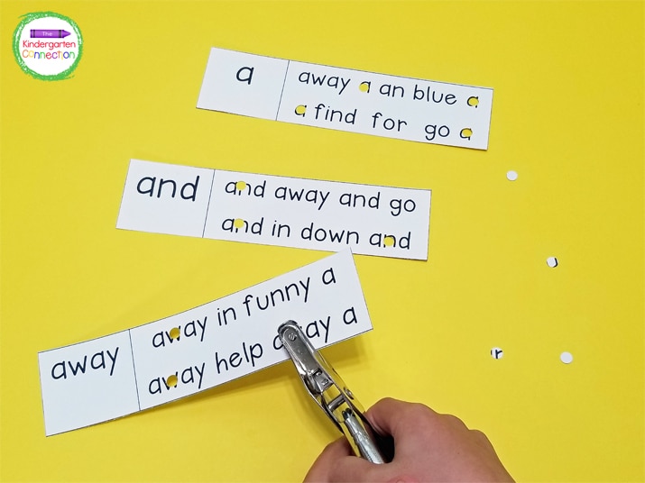 This activity is perfect for helping with sight words but also provides great fine motor skills practice as kids grasp and squeeze the hole punch.