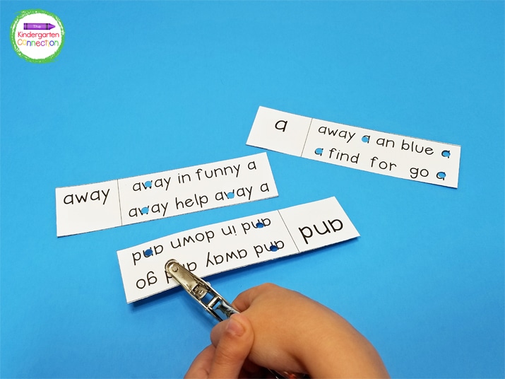 Kids can read the sight word and hole punch the matching words in the sight word bank on each strip.