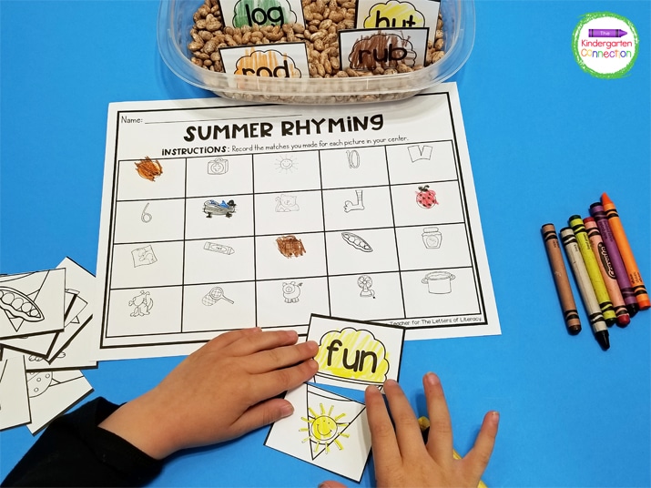 Then, students can record the matches they made on their Summer Rhyming recording sheet.