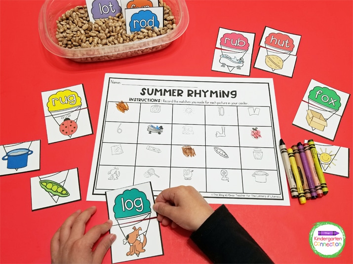 Print the snowcone rhyming cards and the recording sheet for a low-prep literacy center.