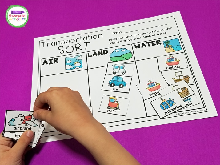 In Transportation Sort, students just place the mode of transportation under where it travels: air, land, or water.