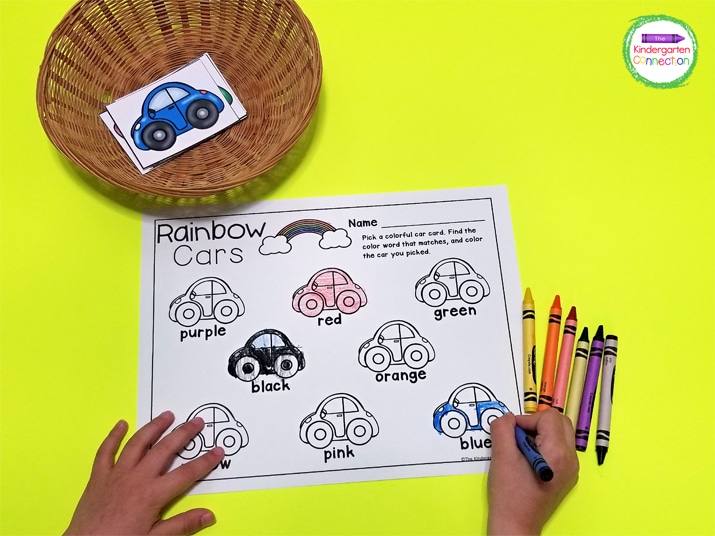 Print the car cards and recording sheet, then grab some crayons for this simple and fun center.