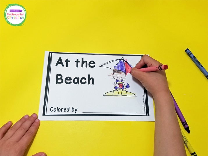 The cover of the beach emergent reader doesn't just say "name" but rather it says "colored by" - making the kids feel like little illustrators.