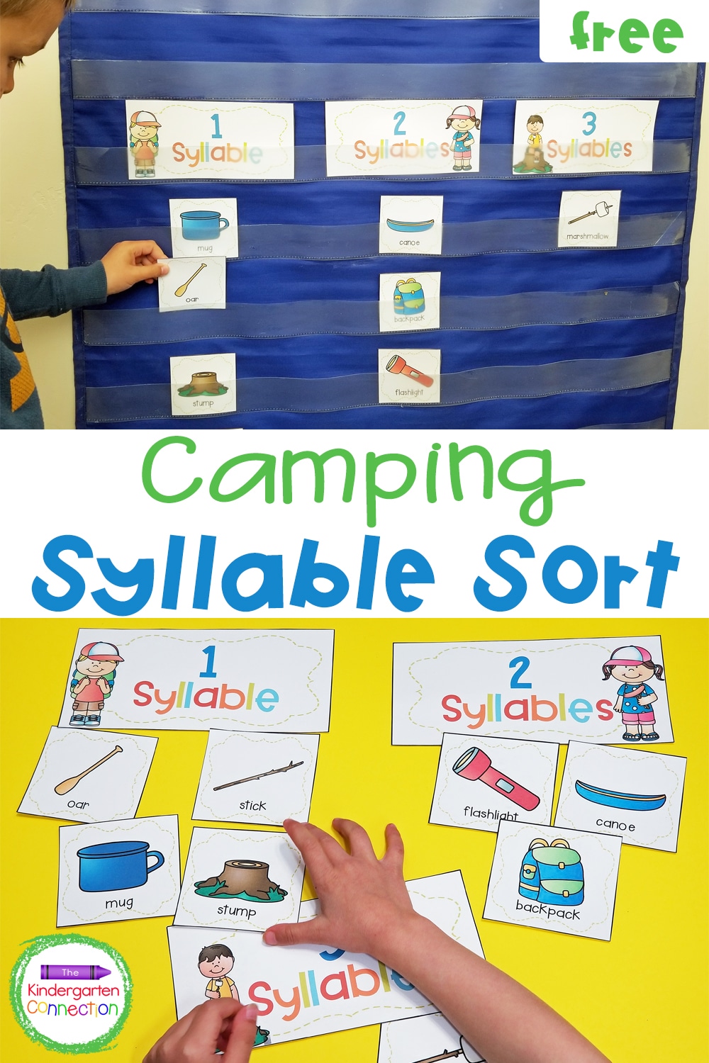 Grab this FREE Camping Syllable Sort Activity for Kindergarten to use in your classroom literacy centers and small groups!