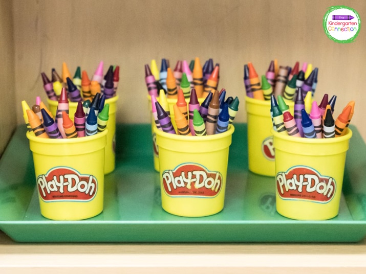 Play dough cups are the best for storing crayons and they make a super simple grab-and-go option for kids.