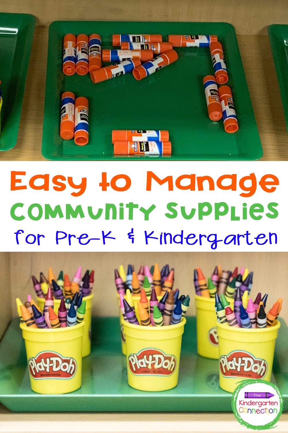 Check out my top tips for Easy to Manage Community Supplies for Pre-K & Kindergarten to make using them stress-free and easy to do!