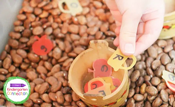 Mini jars, cups, or apple baskets serve as a perfect receptacle for the matched pairs of letters.