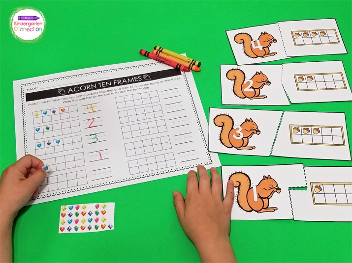 Once a puzzle is matched, students will go to the recording sheet, fill in a 10 frame, and write the number on the line.