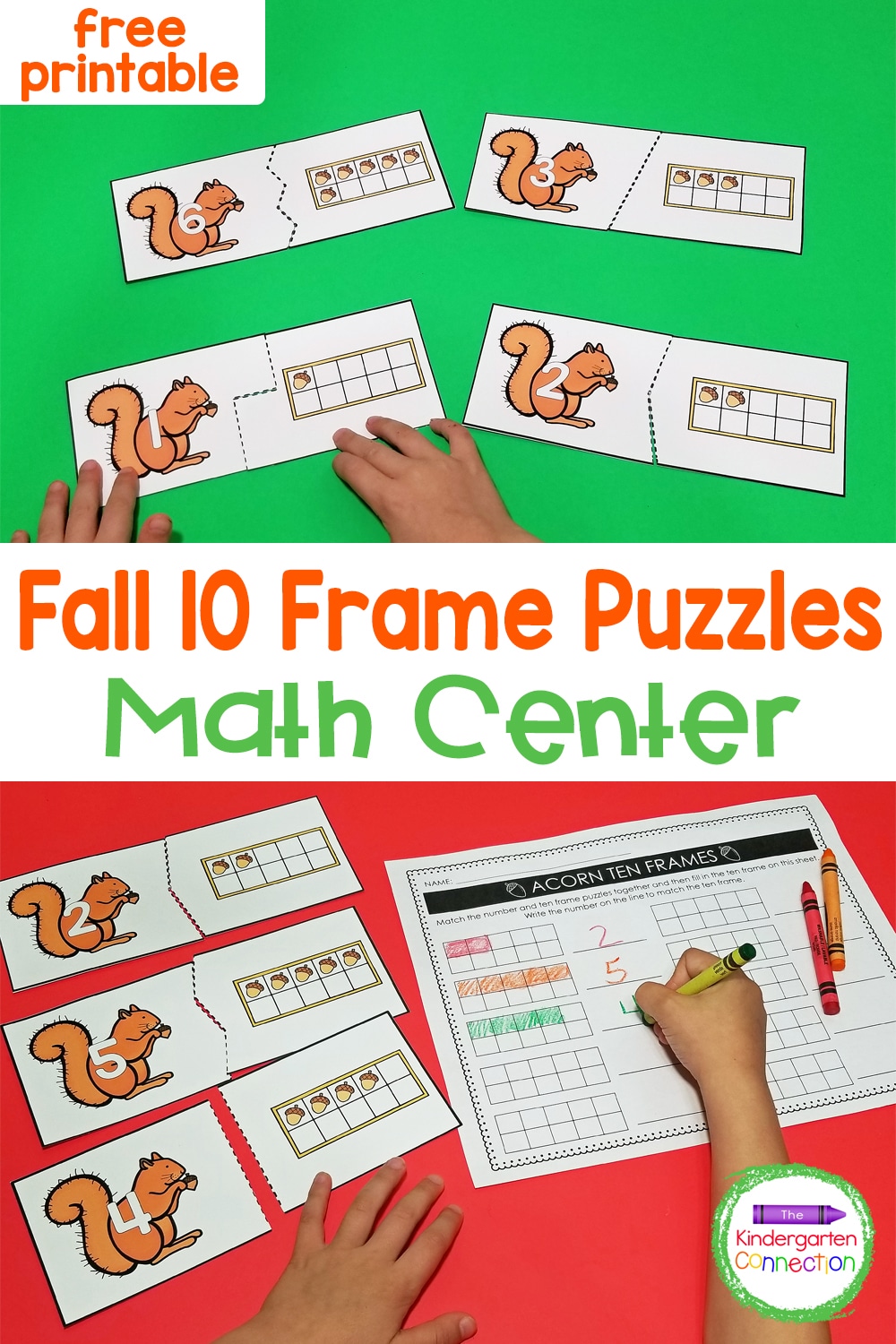 These free printable Acorn 10 Frame math puzzles and recording sheet are perfect for a fall-themed Pre-K or Kindergarten math center activity!