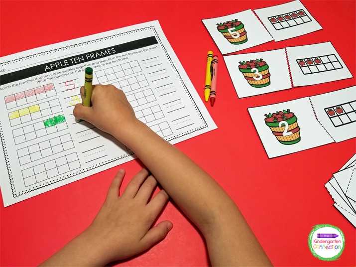 Once a puzzle is matched, students will go to the recording sheet and fill in a ten frame and write the number on the line.
