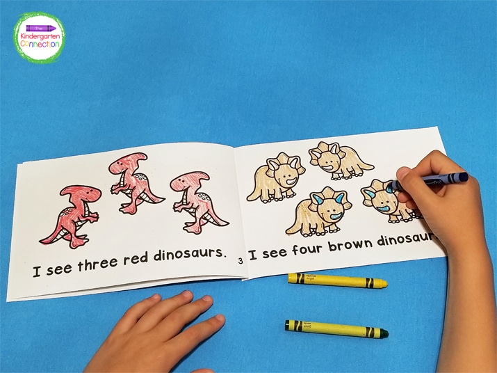 In this dinosaur book, kids read the number words and color words. They color the dinosaurs to match the word.