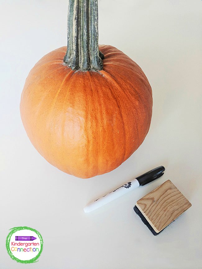 Grab a pumpkin, dry erase marker, and an eraser for a fun literacy activity.