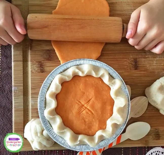 You may want to gather some mini-pie tins and a rolling pin to make pretend mini-pumpkin pies.