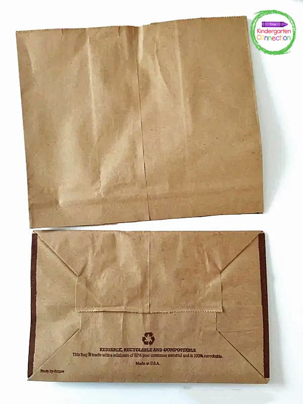 Begin by cutting the bottom off of a brown paper grocery bag. You will need the top portion of the bag to form the body of the turkey.