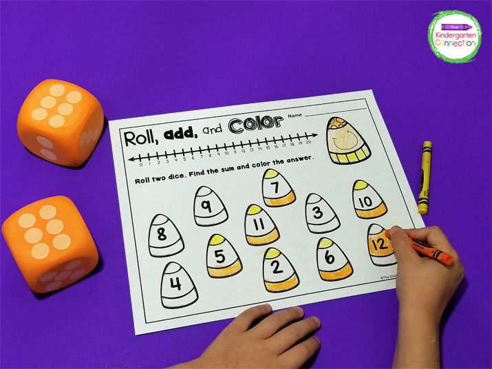 For the Roll, Add, and Color game, you can used dotted dice which give students a little assistance with finding the sums.