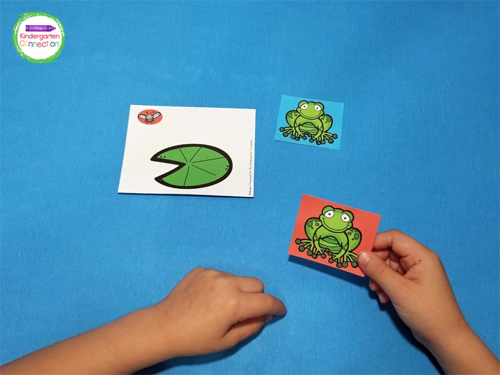 The object of the game is to match up all 12 frogs by jumping them onto the lily pad with the same colored fly!
