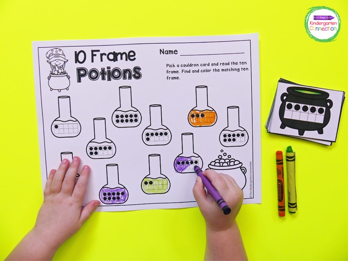 For this activity, students pick a ten frame cauldron card, read the ten frame, and color the matching ten frame potion.
