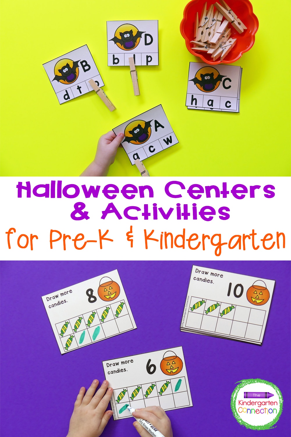 These Halloween Centers and Activities for Pre-K & Kindergarten are a great way to work on letters, sight words, counting, addition, and more!